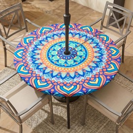 pickyNproud Round Tablecloth with Umbrella Hole and Zipper, Waterproof Wipeable Table Cloth for Outdoor Patio Umbrella Table, Heavy Duty Table Cover for Picnic Garden BBQ