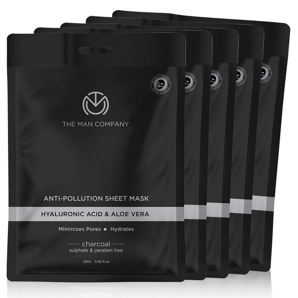 The Man Company Charcoal Face Sheet Mask with Hyaluronic Acid & Aloe Vera - Detoxifies & Hydrates Skin, Deep Pore Cleanser, Moisturizing, Brightening (Pack of 5)