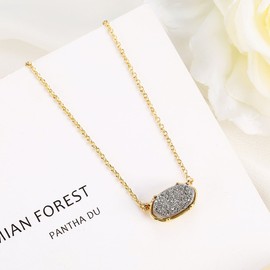 Ambrum Natural Crystal Drusy Necklace Gold Plated Oval Gemstone Chakra Jewelry for Women 18"+2" Extender