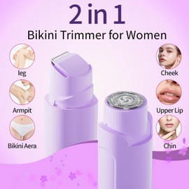 Bikini Trimmer for Women - 2 in 1 Women Electric Razor, Rechargeable Body Hair Trimmer and Facial Hair Remover, IPX7 Waterproof Wet & Dry Use Womens Electric Shaver for Bikini Underarm Leg Arm Body