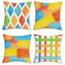 Bonhause Abstract Boho Cushion Covers 45 x 45 cm Colorful Modern Boho Polyester Linen Decorative Throw Pillow Covers for Sofa Couch Bed Home Patio Outdoor Decor Set of 4