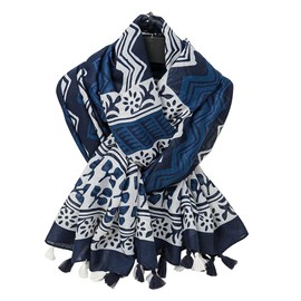Yeieeo Boho Scarf for Women Blue Floral Printed Cotton Scarf with Fringed Shawl(20)