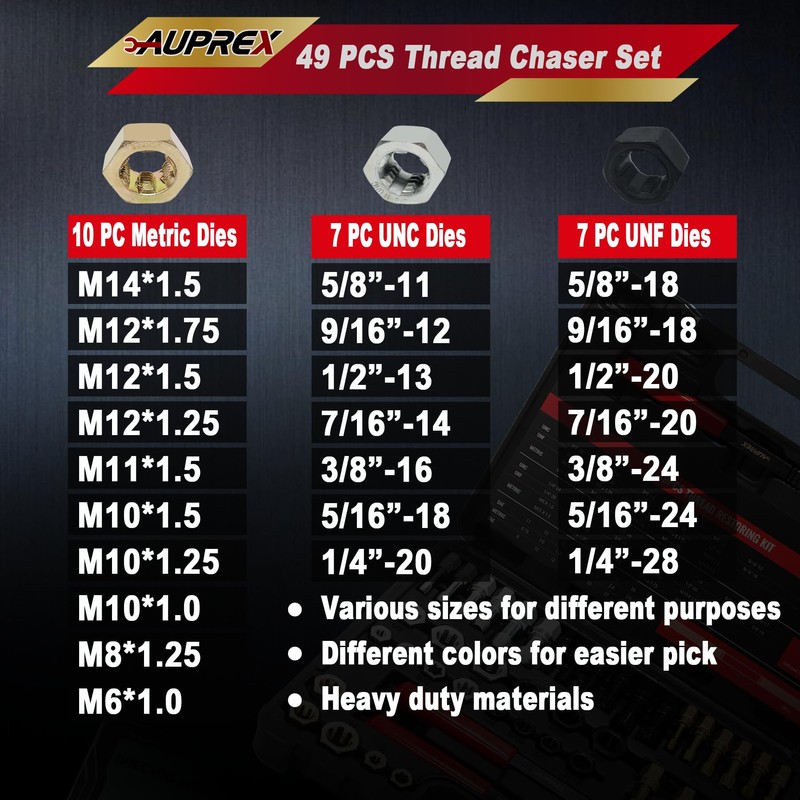 AUPREX 49Pcs Thread Chaser Set, UNC, UNF & Metric Thread