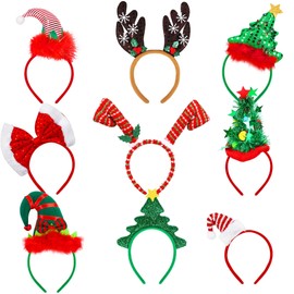 Aodaer 9 Pack Christmas Headbands Elf Hats Headwear Assorted Christmas Tree Reindeer Costume Hair Hoop for Christmas Party Supplies