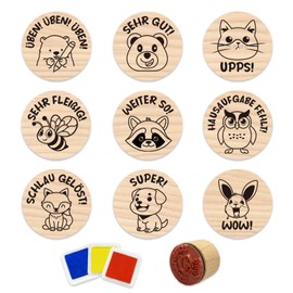 Set of 9 Wooden Stamp Teacher, Motif Stamp Set Animals, Teacher Stamp for Teacher Reward Stamp Praise Student Stamp Gift for Teacher's Day Motivation, for School Child Decorative Stamp