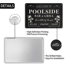 Welcome To Poolside Bar & Grill Metal Tin Sign Swimming Pool Decorations Outdoor Poolside Metal Sign Plaque for Beach Home Bar Pool Deck Backyard Fence Walls 8x12 Inch
