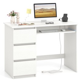 Giantex White Desk with Drawers, Modern Computer Desk with Charging Station & Keyboard Tray, Laptop PC Computer Workstation, Study Writing Desk for Bedroom