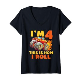 Womens 4rd Birthday Kids I'm 4 This is how I roll Monster Truck Boy V-Neck T-Shirt