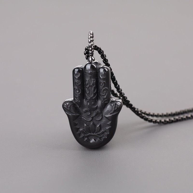 COAI Unisex long chain Hamsa hand pendant made of obsidian,