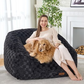 lilanoon Bean Bag Chairs for Adults, Giant Beanbag Sofa Comfy Reading Chair, Oversized Bean Bags Chairs Plush Large Floor Couch Big Lazy Sofa for Living Room Bedroom(Black, Checkered)