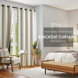 Natural Linen Blackout Curtains for Bedroom 84 inch Long Thermal Insulated Noise Reducing Curtain Panels Rustic Farmhouse Triple Weave Window Treatment Set for Guest Room, Nursery, 52"x84"x2, Beige