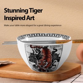 Hagary Tiger Ramen Bowl with Chopsticks Ceramic Bowl Stainless Steel Chopsticks Japanese Style Udon Miso Noodle Soup Bowls Designed in Korea (20 oz)