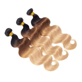 HeioWuio T1B/4/27 Body Wave Human Hair 3 Bundles Hair Extensions For Women Three Tone Hair Bundle Brown to Honey Blonde Color Hair Weaves 8 10 12 Inch