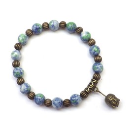 Tibetan vintage bracelet for women in tinted jade beads in blue and green with Buddha head charms