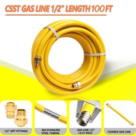Grehitk 100ft 1/2'' Flexible Gas Line, CSST Corrugated Stainless Steel Tubing Pipe Kit, Natural Gas Line Propane Pipe Conversion Kit Grill Hose with 2 Male Adapter Fittings (100ft 1/2'')