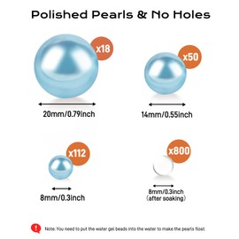 Cusmation 120 PCS 8/14/20mm Floating Beads for Centerpiece, Light Blue Decorative Vase Fillers Pearl with 800 PCS Clear Water Gel, Pearl for Vases, Centerpieces with Wedding Party Decor