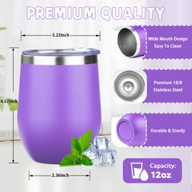 GUDEMAO 12oz/4 Pack Stainless Steel Wine Tumbler with Lid and Straw, Double Wall Vacuum Insulated Wine Tumbler Glasses, Stemless Travel Mugs for Hot and Cold Drinks, Coffee, Wine, Cocktails
