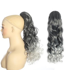 YUDAOHAIR 8 Inch Ponytail Extension Freedom Curl Clip In Curly Wavy Ponytail Extensions Drawstring Short Ponytail Hairpiece Ombre Black to Gray Synthetic Hair Pieces for Women