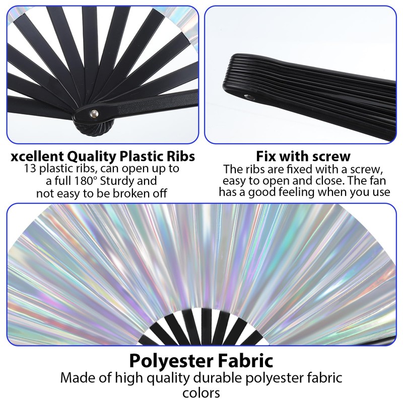 Grevosea Large Folding Hand Rave Fan, 13" Glitter Holographic Rave