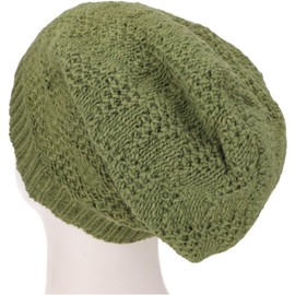 GURU SHOP Hand Knitted Long Beanie Hat, Lined Wool Hat, Men/Women, Grey, Wool, Size: One Size, Light Olive Green, Unit size