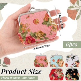 SilTriangle 6 Pack Floral Coin Purse Small Canvas Vintage Buckle Coin Pouches Kiss Lock Cute Mini Change Purse Wallets for Women Trinkets Present Bag, 6 Flower Styles