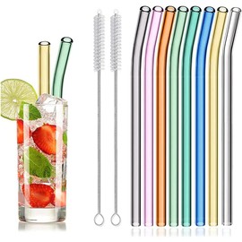 6 Pcs Reusable Glass Straws, Drinking Straw with 2 Cleaning Brushes, Colorful Straight Bent Straw, 8x200 MM