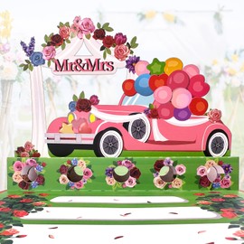 Hierein Pop up Wedding Card, 3D Pink Car Wedding Anniversary Card, Funny Money Cards for Cash Gifts, Wedding Gifts for Bride and Groom, Birthday Cards for Her Wife Girlfriend, Valentine's Day Card