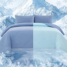 Quataly Cooling Comforter Set with Sheets&Pillowcases,Cooling Blanket for Hot Sleeper Cold ice Double Side Blue Bed Set Queen Size 4pcs(Comforter+Fitted Sheets+2Pillowcases)