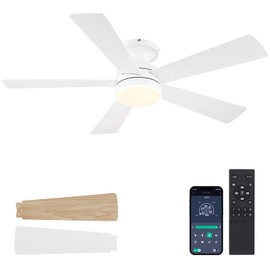BYKISTOK White Ceiling Fans with Lights - 46" Flush Mount Low Profile Ceiling Fan Light with 5 Double-Sided Blades, 6 Speeds 3CCT Reversible Motor, Modern Ceiling Fan for Indoor/Outdoor Patios