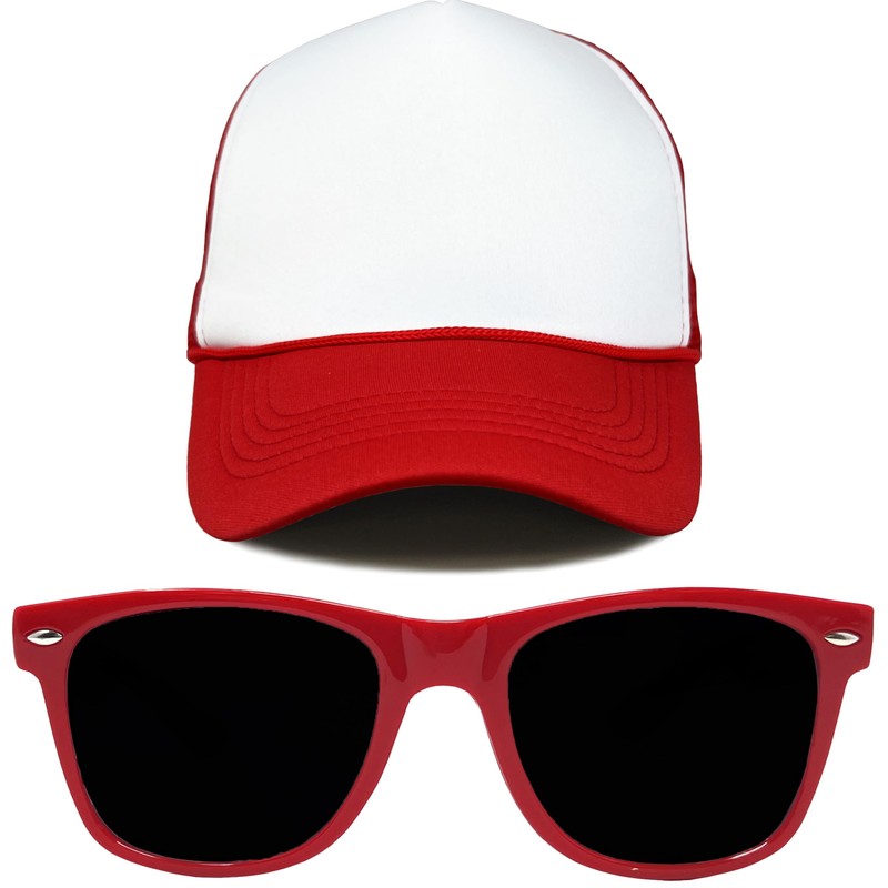 Funky Junque Foam Trucker Hat & Sunglasses Bundle - White/Red