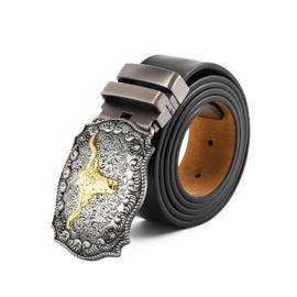 Western Belt Cowboy Belts for Men Women, Western Leather Belts Bull Buckle Belt for Jeans, Buckle Removable Plaque