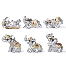 Silver Resin Small Elephants Statues Home Decor Collection Gift Set of 6 BS122 (Silver)