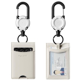 VULKIT Badge Holder Retractable Clip, Leather Bifold Double ID Card Holder, Retractable Keychain Carabiner, Holds 5 Cards, Keys White