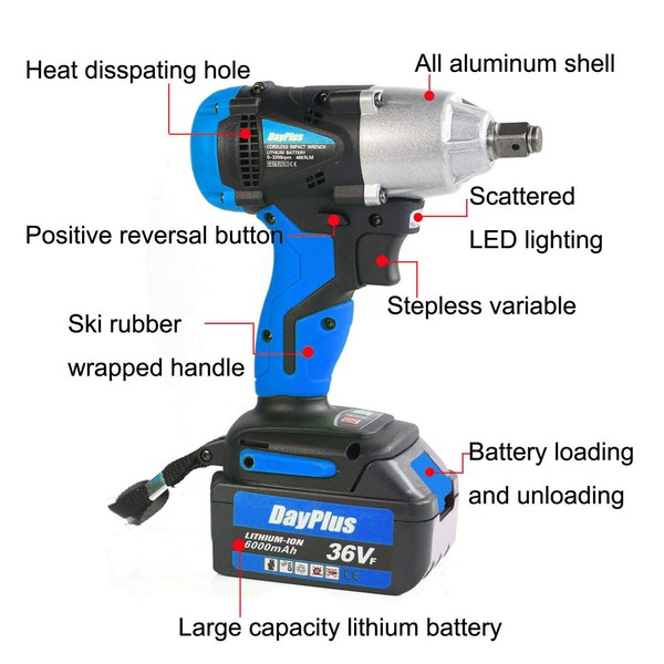 18V Cordless Impact Wrench with 6.0Ah Li-ion Battery, 1/2 Inch