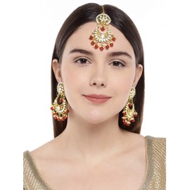 Aheli Kundan Pearl and Maroon Colour Beads Bollywood Style Indian Traditional Ethnic Earrings Maang Tikka Set Fashion Jewelry Gift for Women