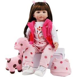 Anyee Realistic Baby Doll with Plush Giraffe Toy, Pink Polka Dot Outfit, 24 inches,Reborn Dolls Girl 24 Inch 60cm Soft Silicone Vinyl Reborn Toddler Dolls,Newborn Boy Girl Toys Xmas Gifts