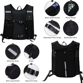 Running Vest for Women Men,Adjustable Chest Straps Running Hydration Vest,Lightweight Reflective Hydration Backpack for Marathon Hiking Cycling (Black, One Size)