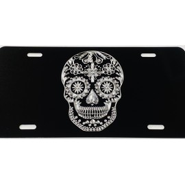 Candy Sugar Skull Diamond Etched Engraved Black License Plate #1 Gift on The Internet