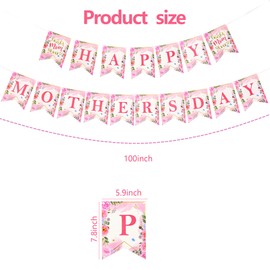 FUULOXE Happy Mothers Day Banner,Pink Floral Bunting Garland for Wall Fireplace Mantle Home Office Mother's Day Party Decorations