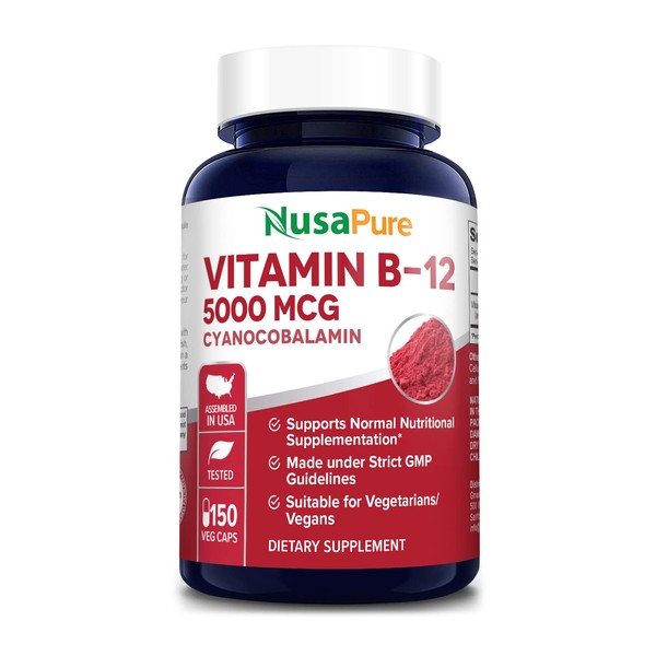 NusaPure Vitamin B12-5000 MCG 150 Veggie Capsules (Non-GMO, Gluten Free) - Max Strength Vitamin B 12