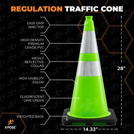 28” Lime Green Traffic Cone - Dual 6" & 4" Reflective Collar – 4 Pack - Multipurpose Premium PVC Safety Cone for Parking, Caution, Construction, Road Crews, Emergency Vehicle - Xpose Safety