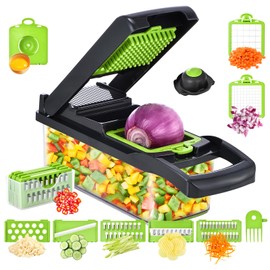 VegCuut 15-in-1 Vegetable Slicer,Mandoline Slicer - Multi-Function Kitchen Vegetable & Fruit CutterOnion Potato SaladCutter with Drain BasketHand Guard and Cleaning Brush (Gray-Green)