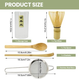 HYSHLC Matcha Whisk Set 4-Piece, Japanese Bamboo Chasen, Chashaku Scoop, Tea Spoon, Stainless Steel Sieve, Premium Traditional Matcha Tea Making Gift Set