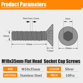 M10 35mm Screws, M10-1.5x35mm Flat Head Socket Cap Screw and Bolt,Stainless Steel Countersunk Bolts,Full Thread,Allen Hex Drive, Bright Finish, Machine Thread, Coarse Thread,10Pcs