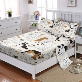 XYNHML Cartoon Animal Themed Twin 4Pcs Colourful Paw Bone Printed Bedding Set for Kid Teen Girl Boy Bed Decor Puppy Sheet with 1 Flat Sheet and 2 Pillowcases