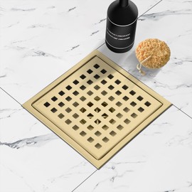 Kuaisailsk 6 Inch Shower Drain 304 Stainless Steel Brushed Gold Square Shower Floor Drain Kit with Flange, Removable Cover Grille, Hair Filter for Bathroom, Kitchen, Balcony