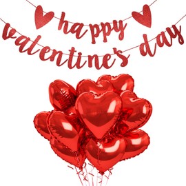 Valentines Day Decorations Set, Happy Valentine's Day Letter Banner and 10 pcs 18 Inch Red Heart Balloons for Valentines Day, Anniversary, Wedding Party