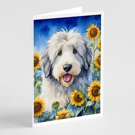 Caroline's Treasures Old English Sheepdog in Sunflowers Greeting Cards Pack of 8 Blank Cards with Envelopes Whimsical A7 Size 5x7 Blank Note Cards