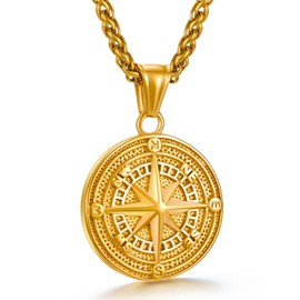 GHIUYUI Men's Compass Pendant Necklace Stainless Steel Compass Circle Vintage Coin Necklace Navigator Forged for Men Talisman Travel Jewelry Inspirational Graduation Gifts (Gifts Box)