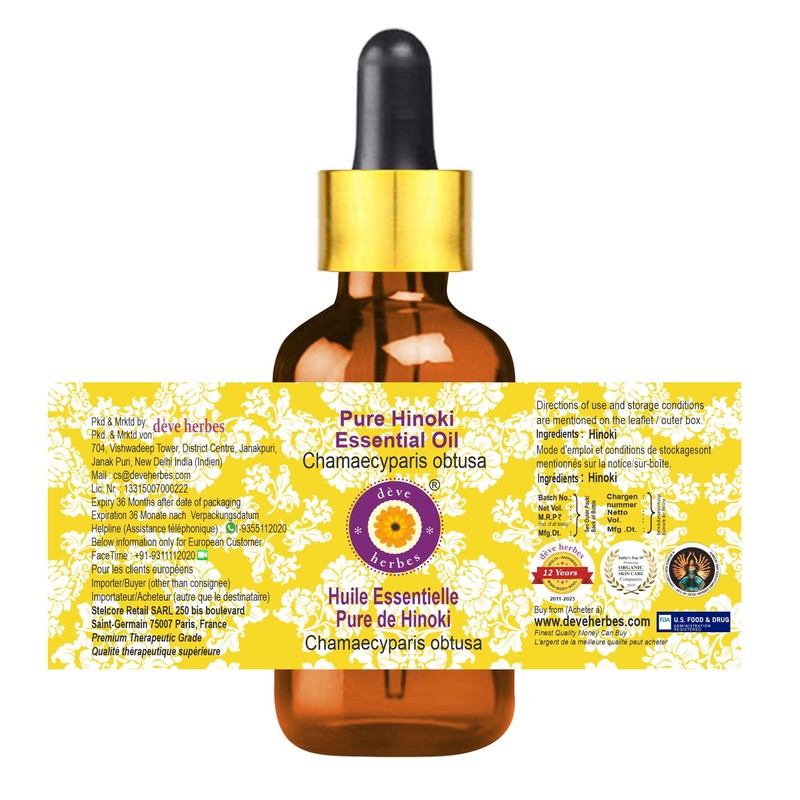 Deve Herbes Pure Hinoki Essential Oil (Chamaecyparis obtusa) with Glass